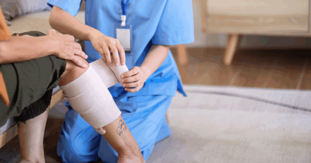 Hands are wrapping a bandage around a person's leg.
