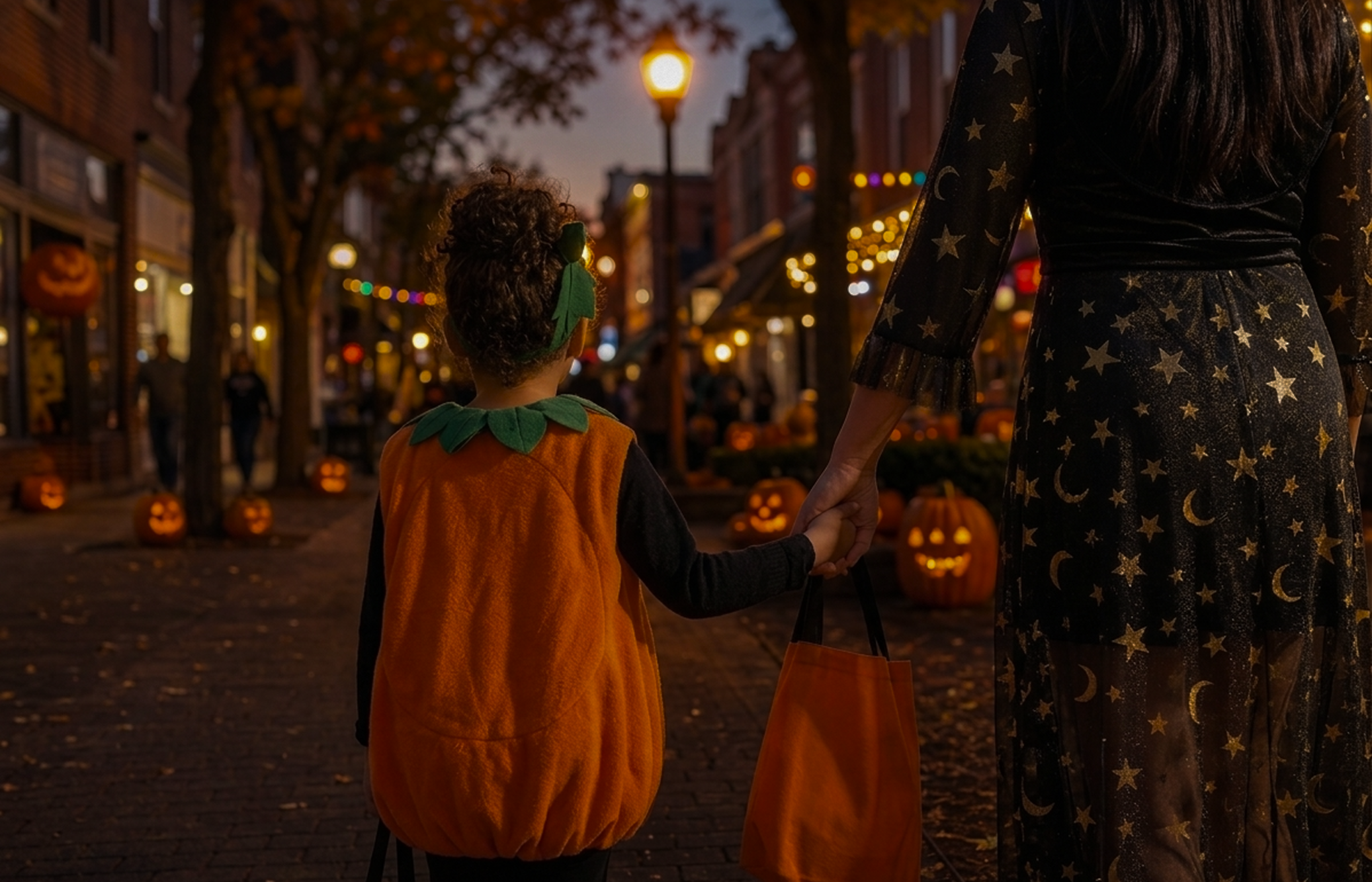 mom and daughter walking in Greenville for trick-or-treat