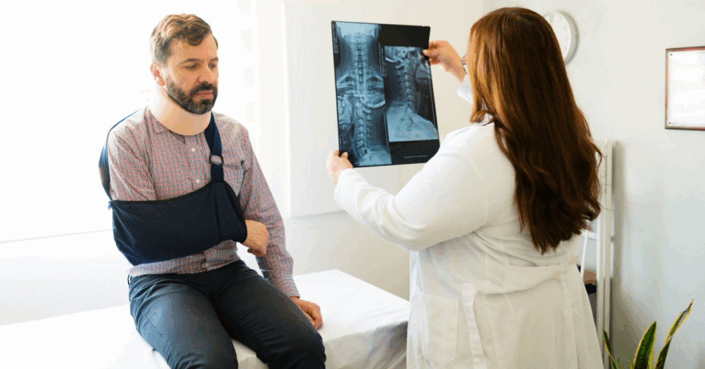 A woman holds an X-ray for a man sitting on an examination table.