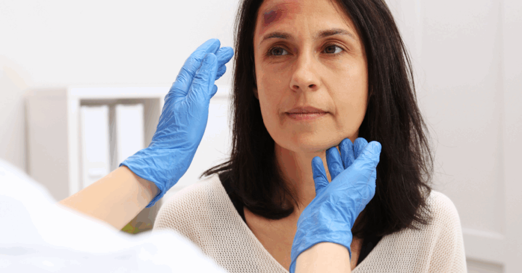 A woman wearing blue gloves has a red mark on her forehead.