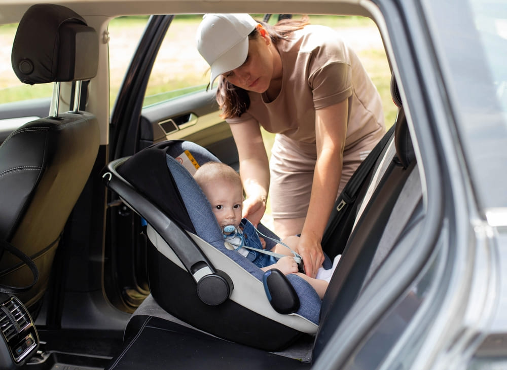 Mother installs child seat in the car
