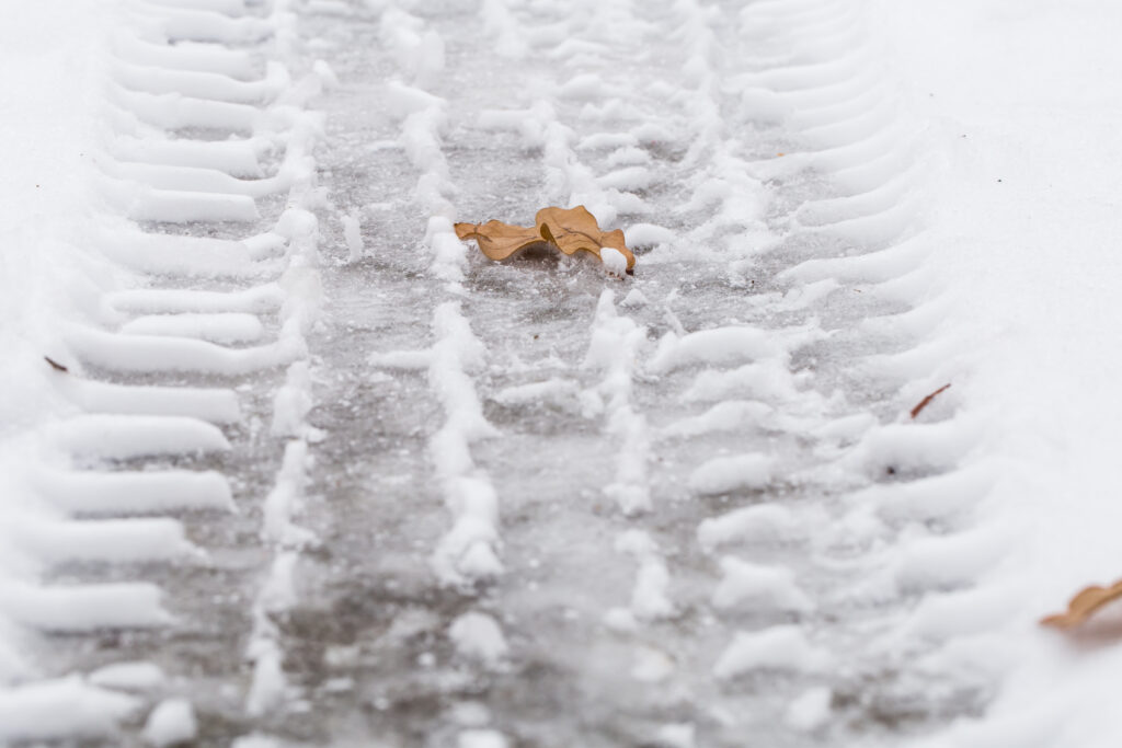 autumn leaf on snow & tire tracks